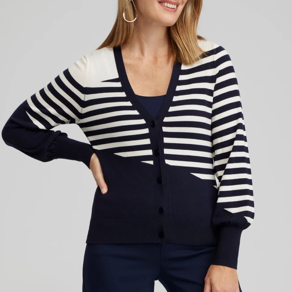 Chicos Navy Blue Cream Striped Cardigan